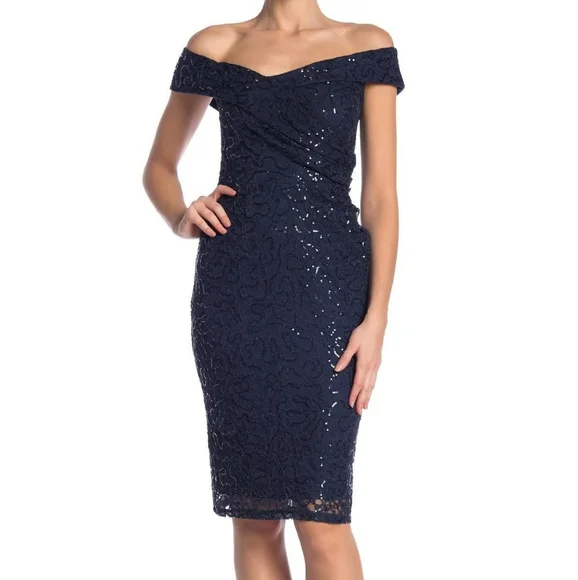 Marina Women's Blue Size 8 Sequin Off Shoulder Lace Sheath Dress